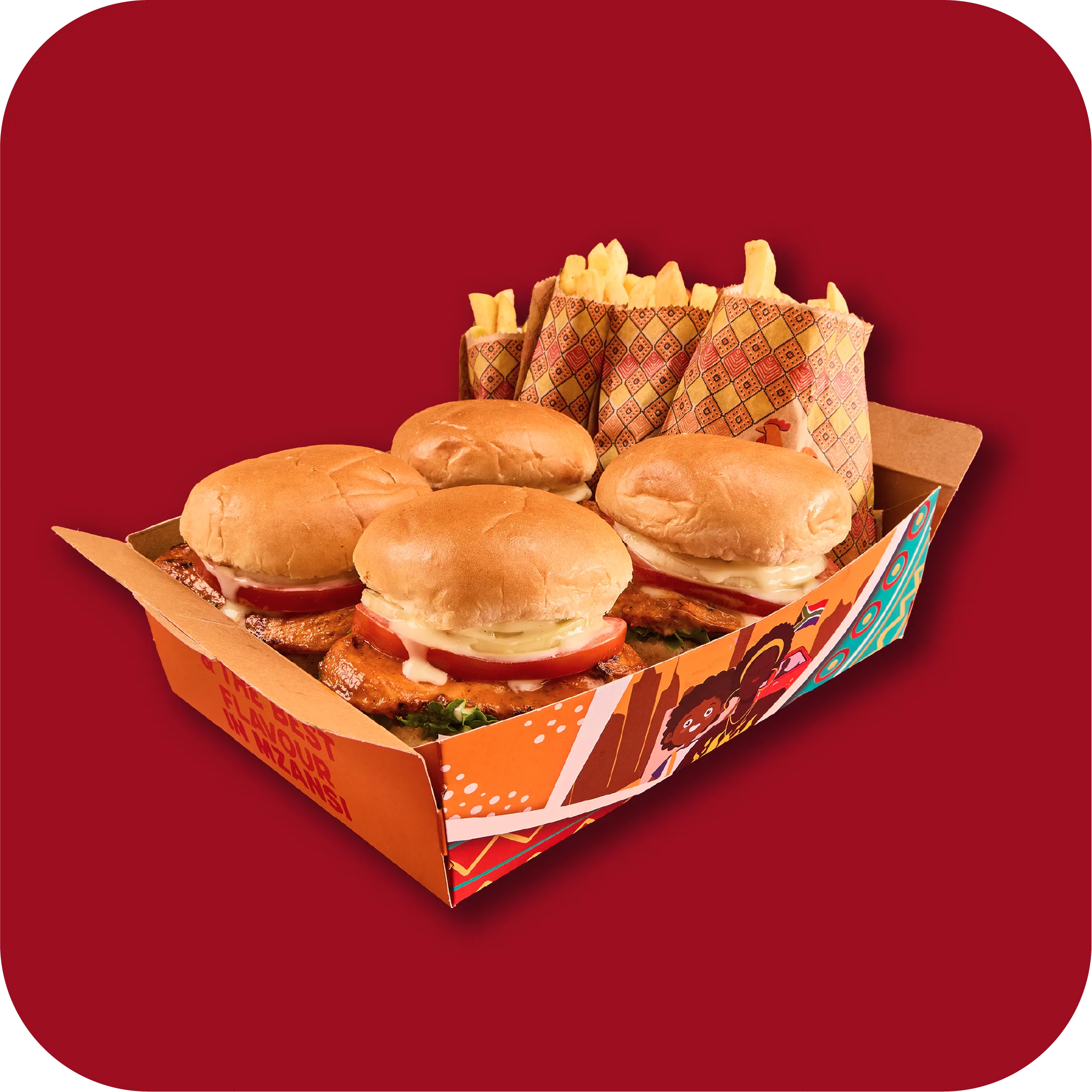 4 CHICKEN BURGERS & 4 MEDIUM CHIPS <br /> 110