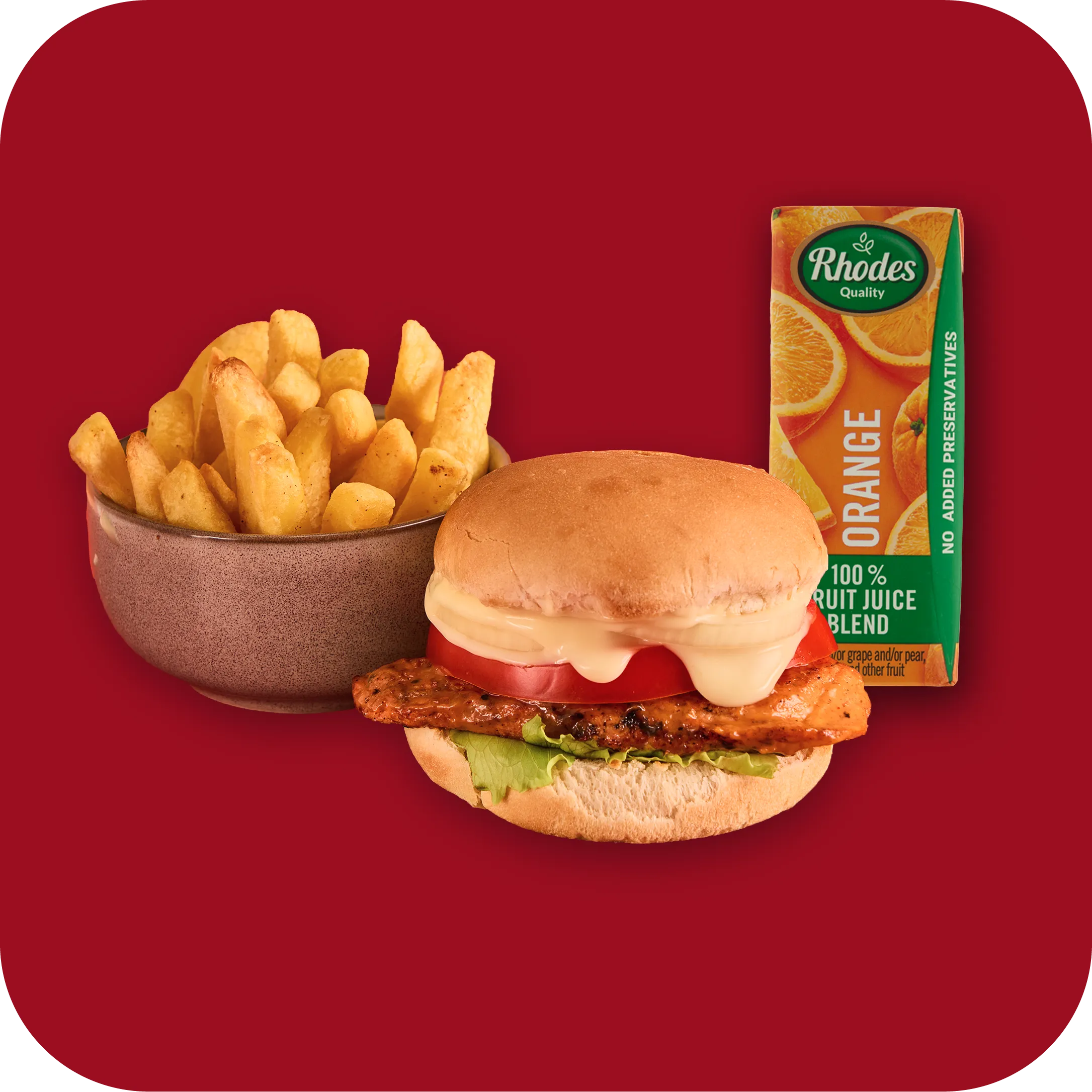 CHICKEN BURGER, MEDIUM CHIPS & 200ML JUICE
<br />
39.99