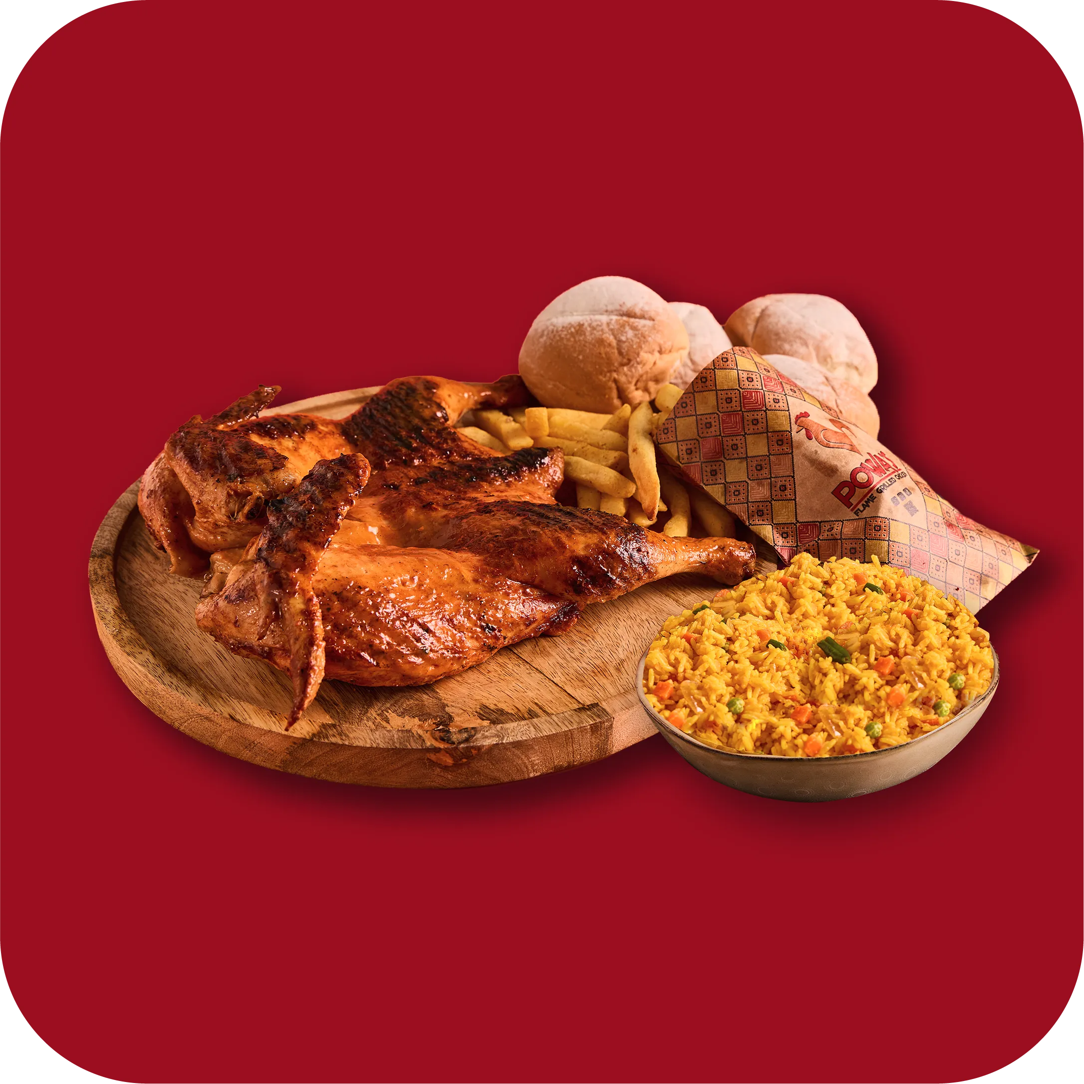 FULL CHICKEN, LARGE CHIPS, LARGE SAVOURY RICE & 4 PORTUGUESE ROLLS
<br />
130